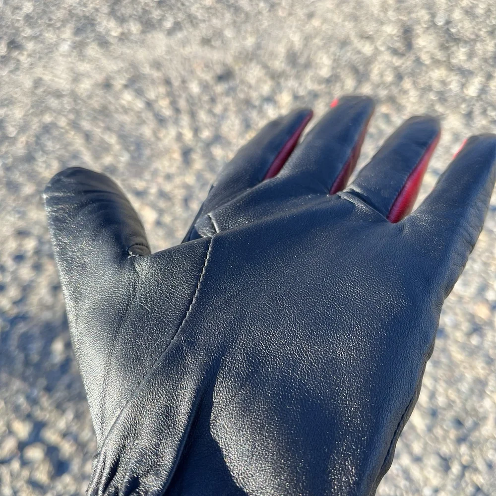 Ralph Lauren Black Leather Gloves Red Trim Button Detail Women One Size